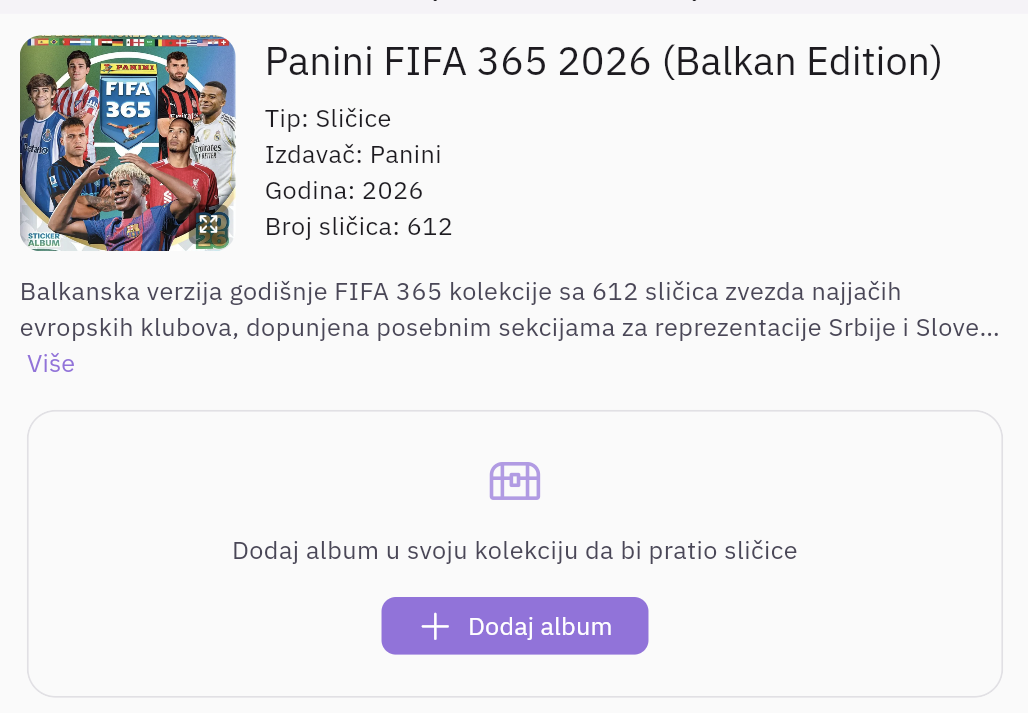 Zaglavlje albuma „Panini FIFA 365 2026": korica, tip, izdavač, godina i broj sličica, a ispod poruka „Dodaj album u svoju kolekciju da bi pratio sličice" sa dugmetom „Dodaj album"