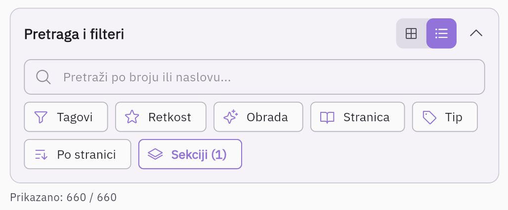 Blok „Pretraga i filteri" iznad sličica — prebacivač između rešetke i liste gore desno, polje za pretragu i dugmad za filtere: Tagovi, Retkost, Obrada, Stranica, Tip, Po stranici i Sekciji