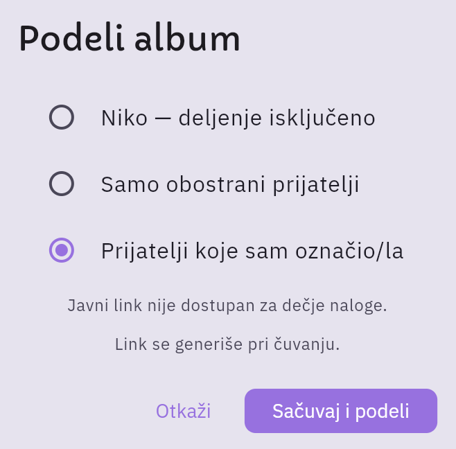 Dijalog „Podeli album" na dečjem nalogu, bez javnog linka