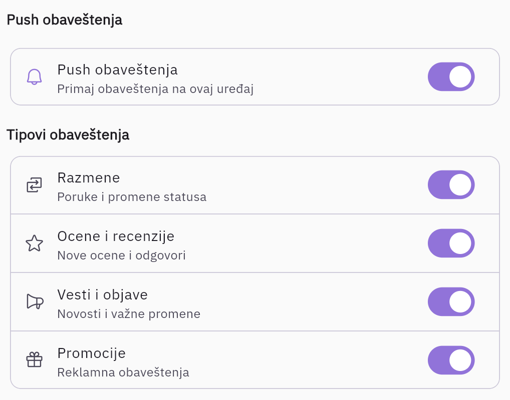 Ekran „Podešavanja obaveštenja": glavni prekidač „Push obaveštenja" i ispod njega četiri kategorije sa zasebnim prekidačima — Razmene, Ocene i recenzije, Vesti i objave i Promocije