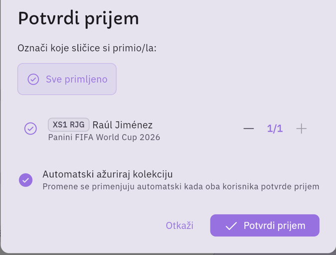 Prozor „Potvrdi prijem": dugme „Sve primljeno", red sličice sa brojačem, opcija „Automatski ažuriraj kolekciju" i dugme Potvrdi prijem